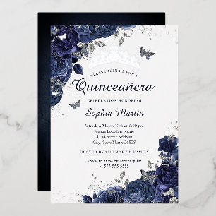 Invitation En Aluminium Fleur Papillon Navy Quinceanera Argenté