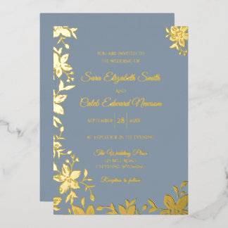 Invitation En Aluminium Fleur rayée élégante en feuille d'or sur bleu pous