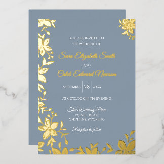 Invitation En Aluminium Fleur rayée élégante en feuille d'or sur bleu pous