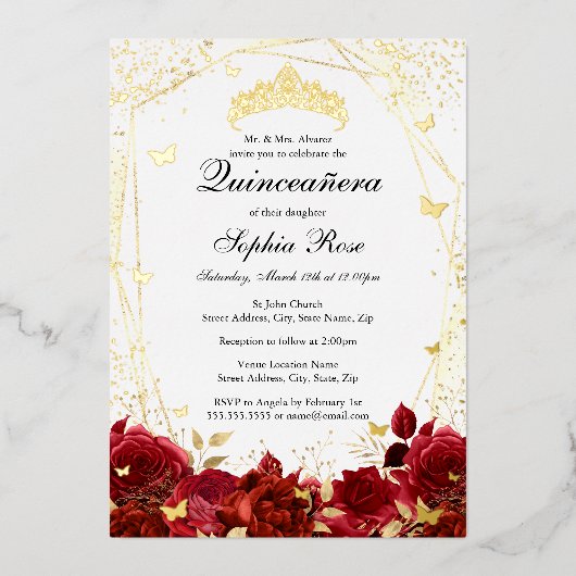 Invitation En Aluminium Fleur Rouge or Tiara Quinceanera (Recto)