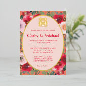 Invitation En Aluminium Fleur rouge orangée fleurie mariage chinoise (Debout devant)