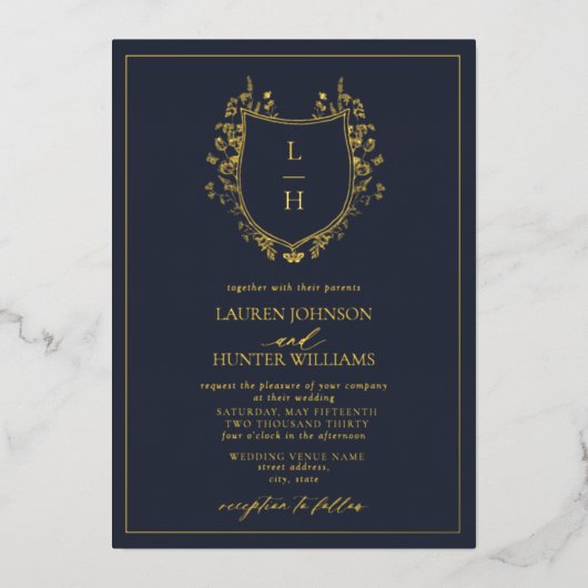 Invitation En Aluminium Fleur sauvage bleu classique Monogram Crest Mariag (Recto)