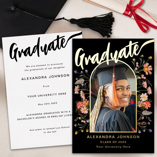 Invitation En Aluminium Fleur sauvage Boho Chic Graduate Photo Script Gold
