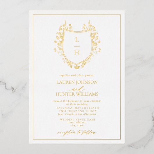Invitation En Aluminium Fleur sauvage classique Monogram Crest Mariage Gol (Recto)