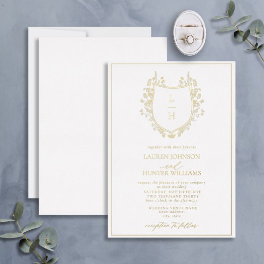 Invitation En Aluminium Fleur sauvage classique Monogram Crest Mariage Gol