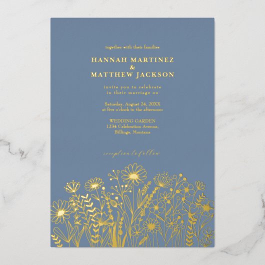 Invitation En Aluminium Fleur sauvage Elegant Dusty Blue et Mariage or (Recto)