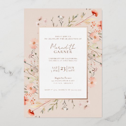 Invitation En Aluminium Fleur sauvage Graduation Party Real Rose Gold (Recto)