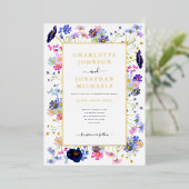 Invitation En Aluminium Fleur sauvage moderne Aquarelle Bleu Mariage or (Debout devant)