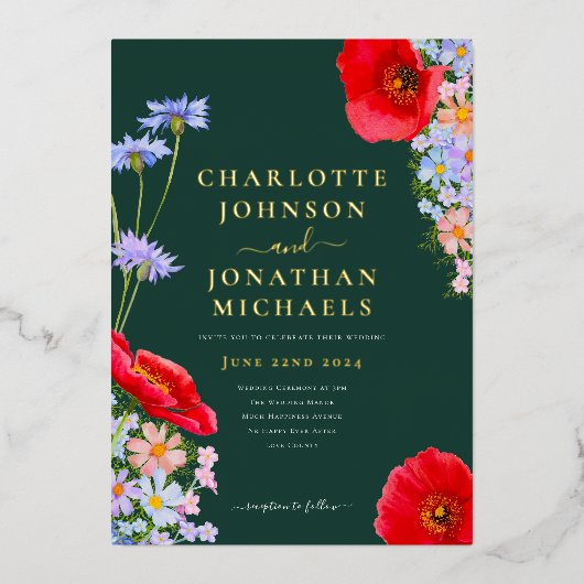 Invitation En Aluminium Fleur sauvage moderne Dark Green Gold (Recto)