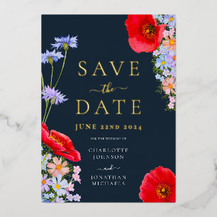 Invitation En Aluminium Fleur sauvage moderne Mariage bleu or