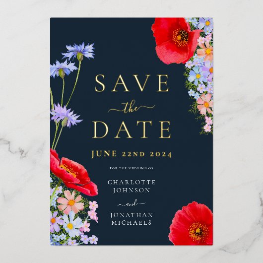 Invitation En Aluminium Fleur sauvage moderne Mariage bleu or (Recto)