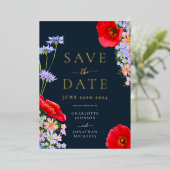 Invitation En Aluminium Fleur sauvage moderne Mariage bleu or (Debout devant)