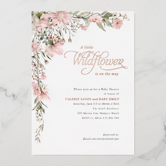 Invitation En Aluminium Fleur sauvage rose et verdure bébé fille douche (Recto)
