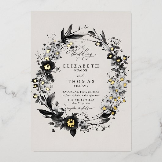 Invitation En Aluminium Fleur sauvage Wreath Or moderne mariage élégant (Recto)