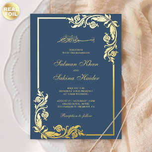 Invitation En Aluminium Fleurir Bordure Florale Bleue Mariage Islamique Or