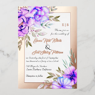 Invitation En Aluminium Fleuron mauve mariage fleuri or rose