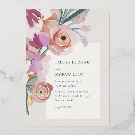 Invitation En Aluminium Fleurs à la gouache (Recto)