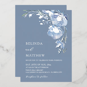 Invitation En Aluminium Fleurs aquarelle bleues Mariage décontracté