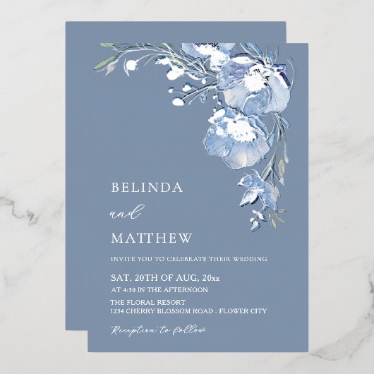 Invitation En Aluminium Fleurs aquarelles bleues mariage décontracté (Recto/Verso)