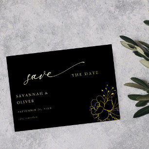 Invitation En Aluminium Fleurs avec Ligne Dorée Enregistrer la Date - Noir