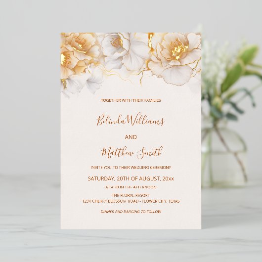 Invitation En Aluminium Fleurs blanches d'or (Debout devant)