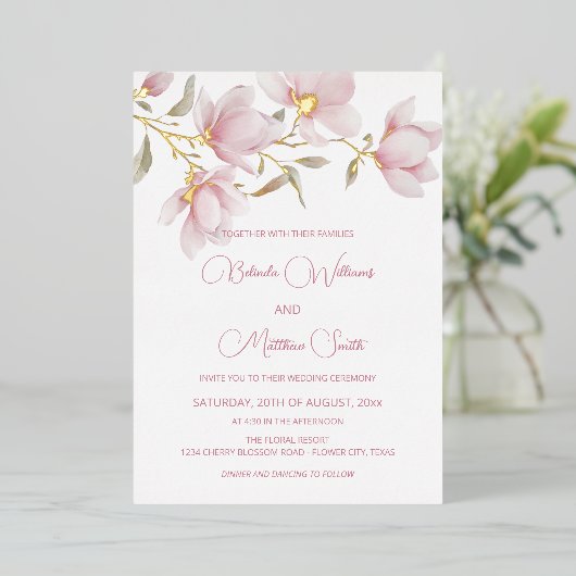Invitation En Aluminium Fleurs blanches d'or (Debout devant)