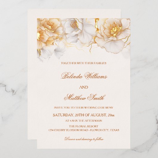 Invitation En Aluminium Fleurs Blanches Dorées (Recto/Verso)
