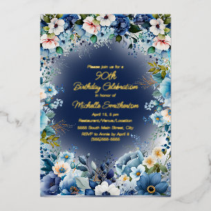 Invitation En Aluminium Fleurs blanches et bleu poussiéreux marine 90e ann