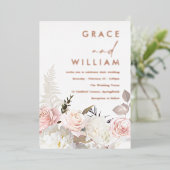 Invitation En Aluminium Fleurs blanches et bleues Mariage moderne Rose or (Debout devant)