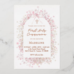 Invitation En Aluminium fleurs blanches roses Première Communion