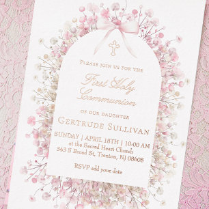 Invitation En Aluminium fleurs blanches roses   Première Sainte Communion
