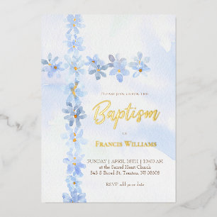 Invitation En Aluminium fleurs bleues aquarelle croix Baptême