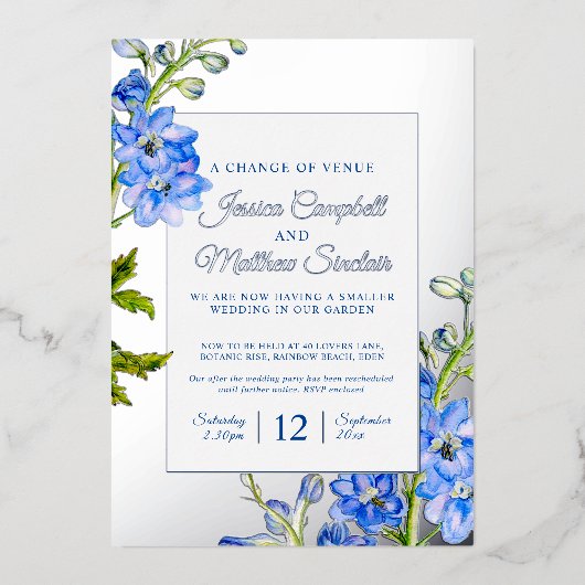 Invitation En Aluminium Fleurs bleues de Delphinium changement de mariage (Recto)