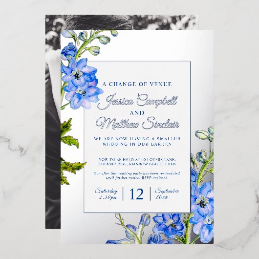 Invitation En Aluminium Fleurs bleues de Delphinium changement de mariage  (Recto/Verso)
