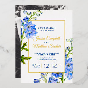 Invitation En Aluminium Fleurs bleues de delphinium et mariage d'été en or