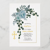 Invitation En Aluminium Fleurs bleues poussiéreuses et arche fleurie baptê (Recto)