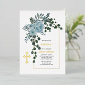 Invitation En Aluminium Fleurs bleues poussiéreuses et arche fleurie baptê (Debout devant)