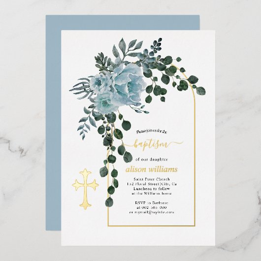 Invitation En Aluminium Fleurs bleues poussiéreuses et arche fleurie baptê (Recto/Verso)
