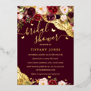 Invitation En Aluminium Fleurs Bordeaux Papillon Doré Broderie Mariage Dou