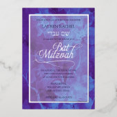 Invitation En Aluminium Fleurs d'aquarelle bleu violet bat mitzvah (Recto)