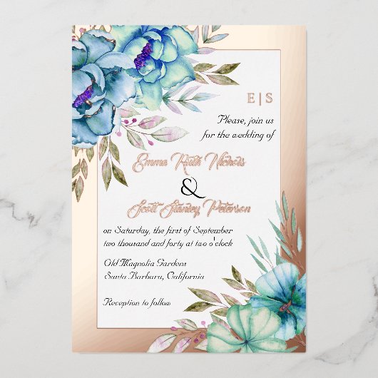 Invitation En Aluminium Fleurs d'aquarelle bleue mariage rose feuille d'or (Recto)