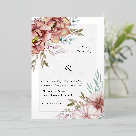 Invitation En Aluminium Fleurs d'aquarelle en terre cuite mariage argent (Debout devant)