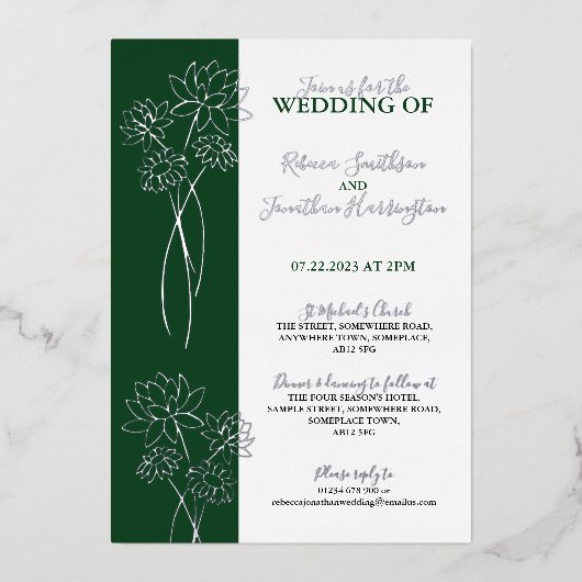 Invitation En Aluminium Fleurs d'argent Green Photo Mariage Foil Invitatio (Recto)