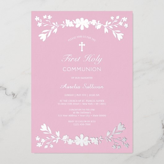 Invitation En Aluminium Fleurs d'argent sur la première communion rose (Recto)
