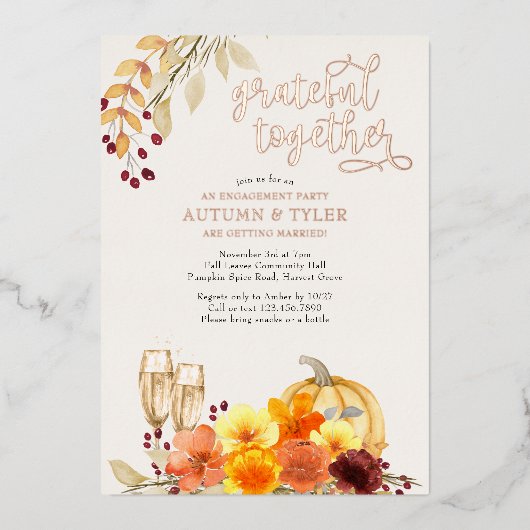 Invitation En Aluminium Fleurs d'automne Grateful Together Engagement Part (Recto)