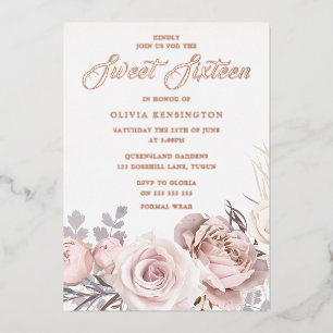 Invitation En Aluminium Fleurs de Blush en feuille d'or rose Fête Sweet 16