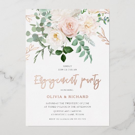 Invitation En Aluminium Fleurs de Blush et d'Ivoire Rose Gold Engagement P (Recto)