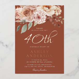 Invitation En Aluminium Fleurs de Bohême Rose Gold Foil 40e anniversaire