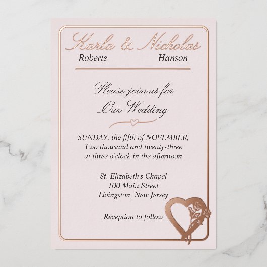 Invitation En Aluminium Fleurs de cœur et de rose, mariage rose blush (Recto)