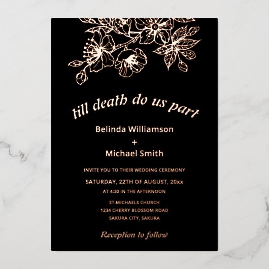 Invitation En Aluminium Fleurs de cuivre noir | Mariage gothique (Recto)
